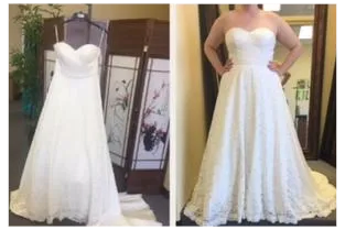 White strapless wedding dress with lace details displayed and worn.